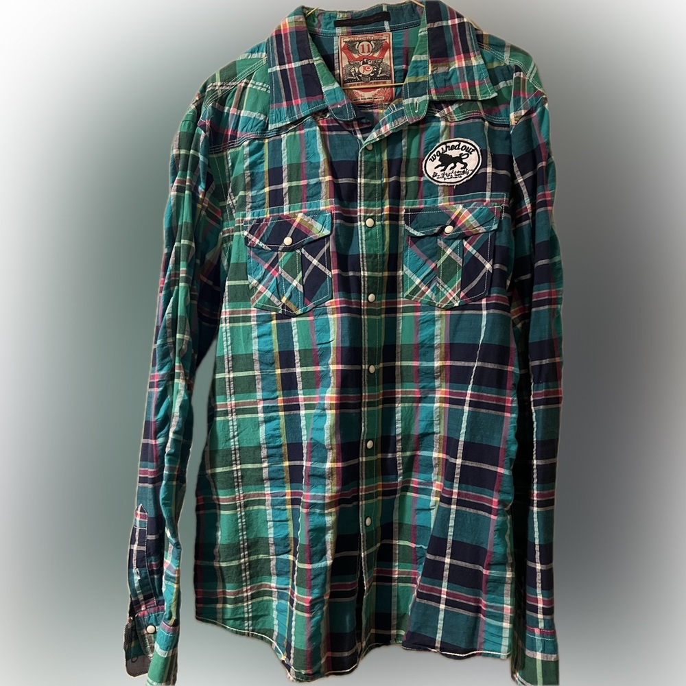 Green and Blue Casual Button Down Shirt with Plaid Design.